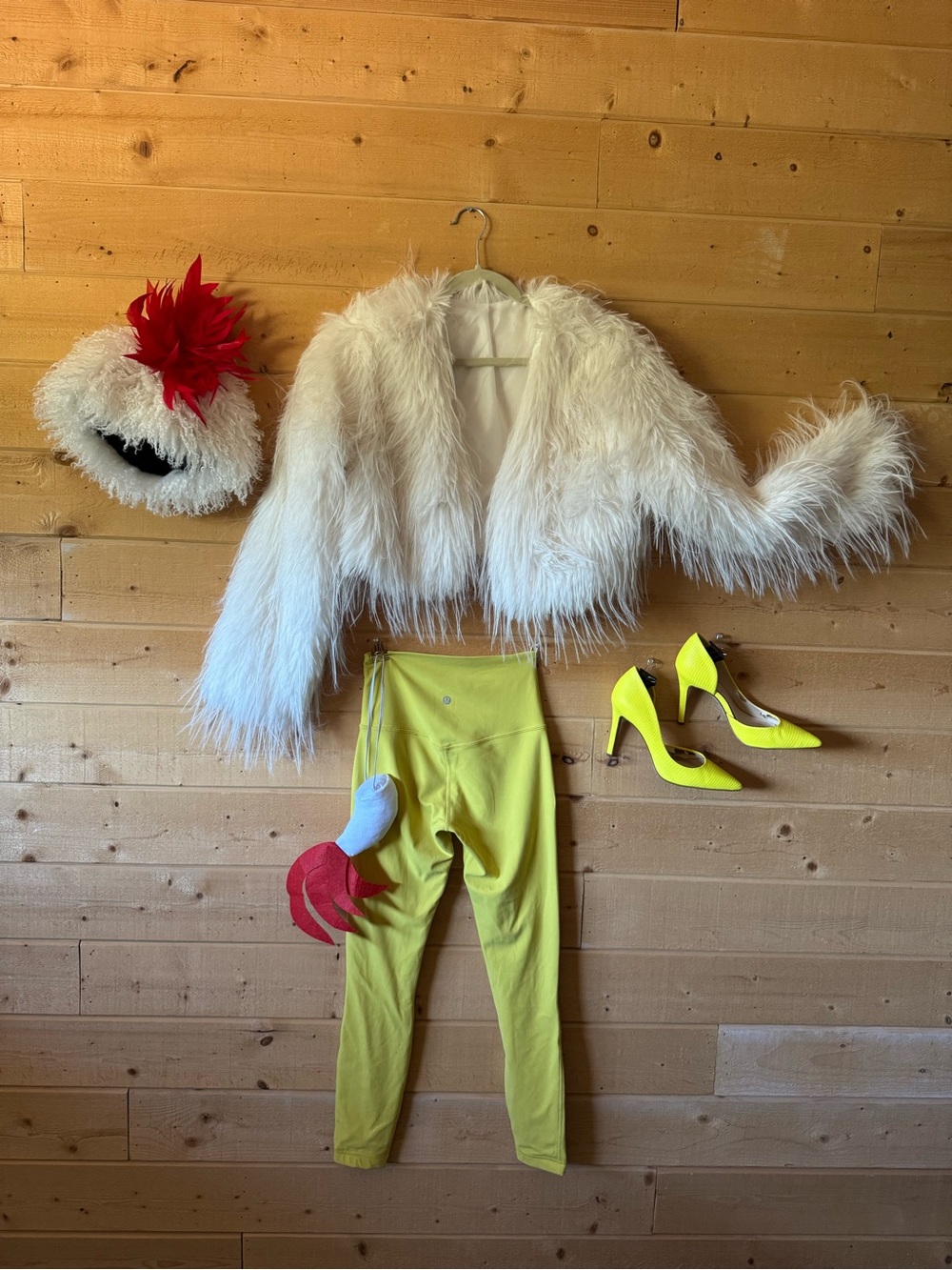 Chicken costume! White Faux Fur Cropped Jacket with yellow lululemon leggings